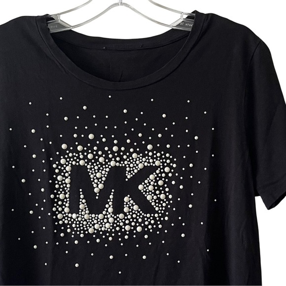 Michael Kors Womens T-Shirt Sz M Black MK Logo Bead Embellished Tee - Picture 1 of 8